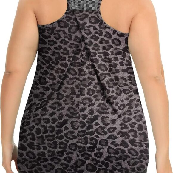 Plus Size Women's Grey Leopard Fit Yoga Racerback Tank Top, Soft, Breathable, Ma - Picture 1 of 5